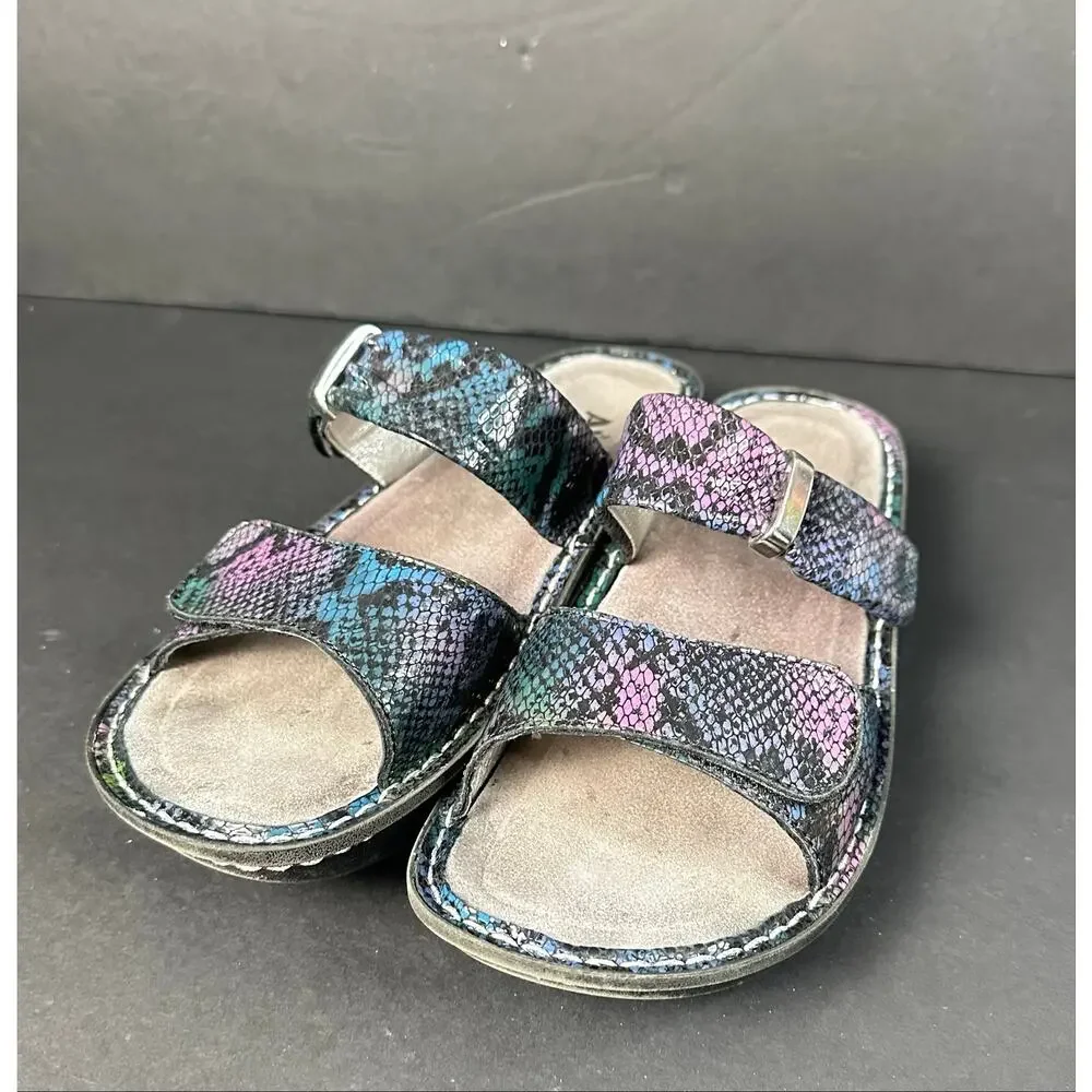 Alegria Karmen Black Purple Reptile Pattern Strap Sandals Size 38 US  8 8.5